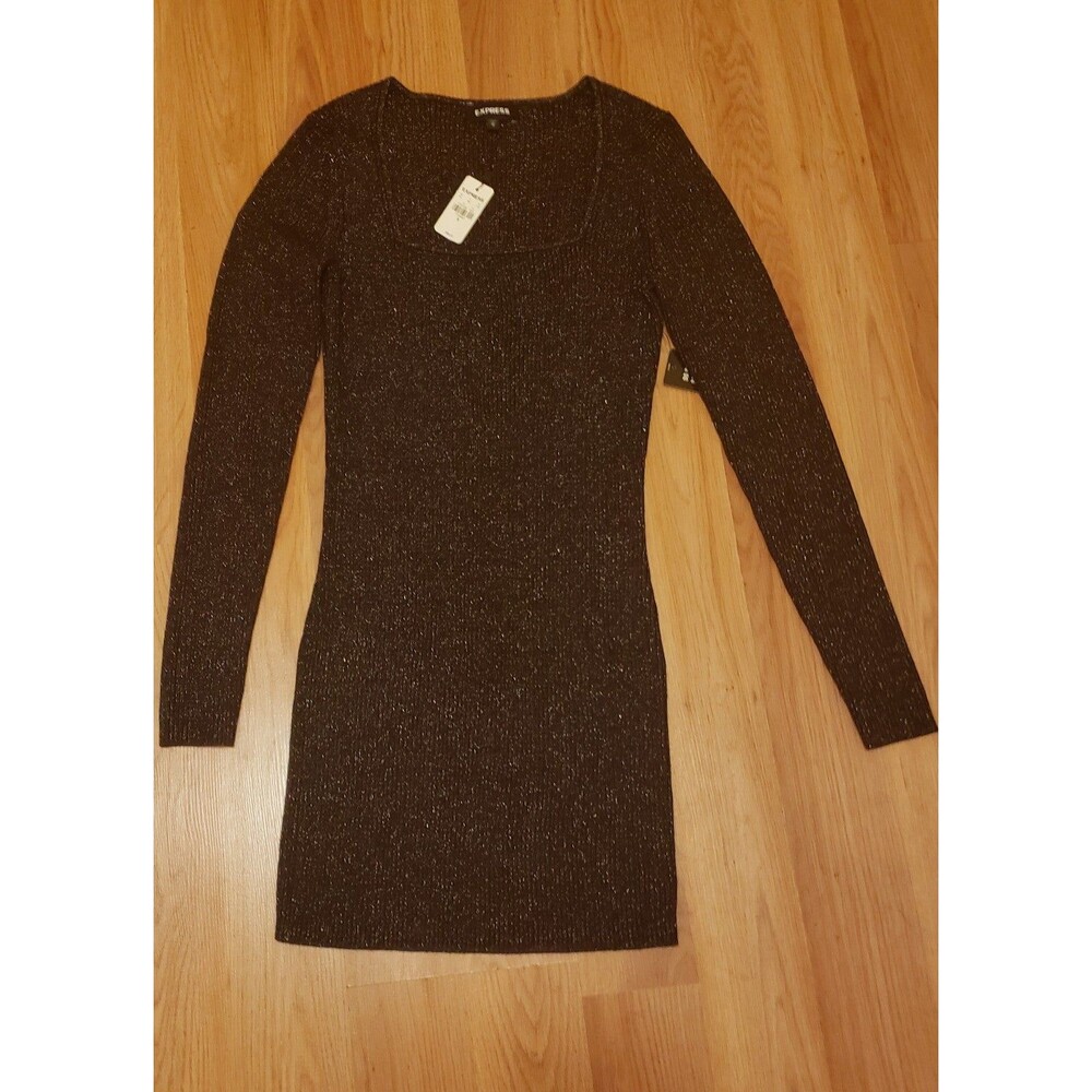 Express Womens Metallic Shimmer Square Neck Long Sleeve Bodycon Dress Size M NWT